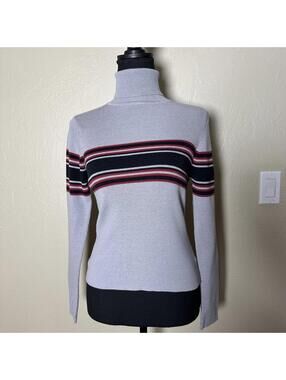 Guess Jeans Ribbed Turtleneck Sweater Striped Logo Fitted Y2K Streetwear Gray